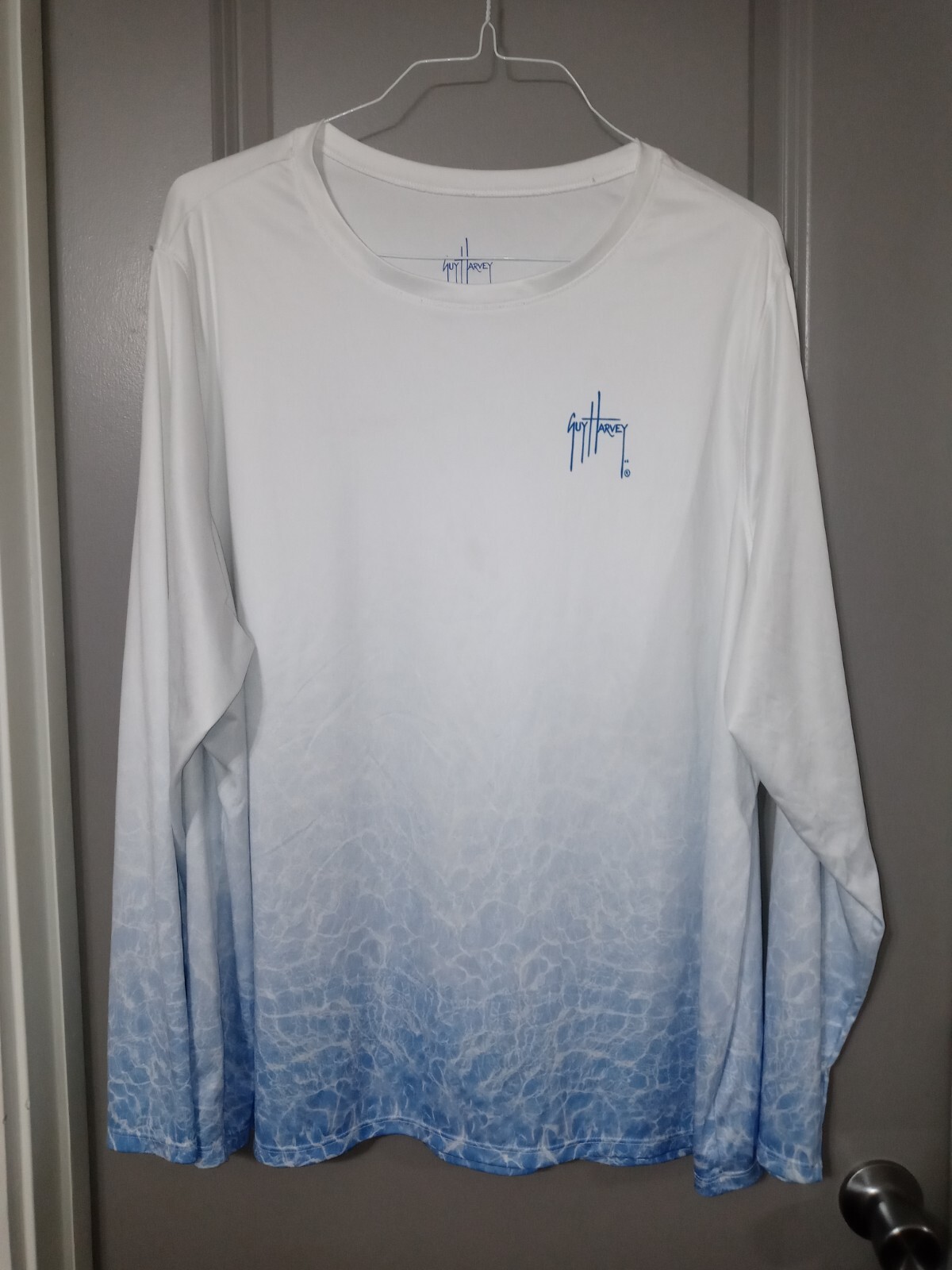 Guy Harvey Fishing Shirt Performance Long Sleeve White Blue Logo Male or Female gallery