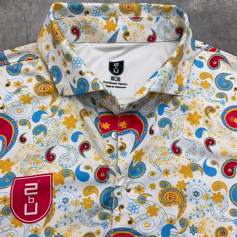2BU Shirt Men Medium White Red Multi Paisley Floral Golf Logo Functional Stretch gallery