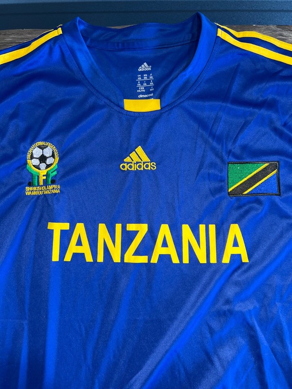 Adidas Soccer Jersey Men XXL Blue Yellow Tanzania ClimaCool Athletic Fit youth gallery