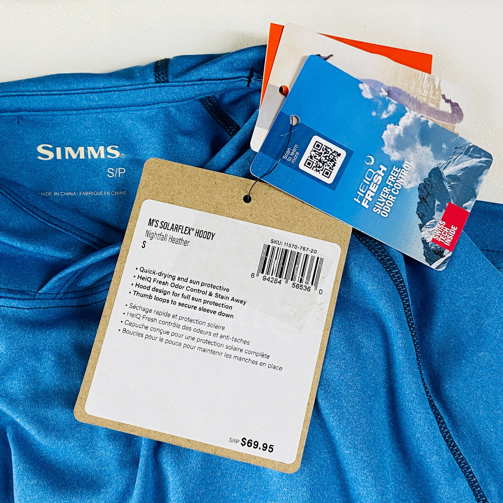 Simms Men's Small Shirt Blue Solarflex Hoody Thumbhole Pullover Flaw NWT CK15 gallery