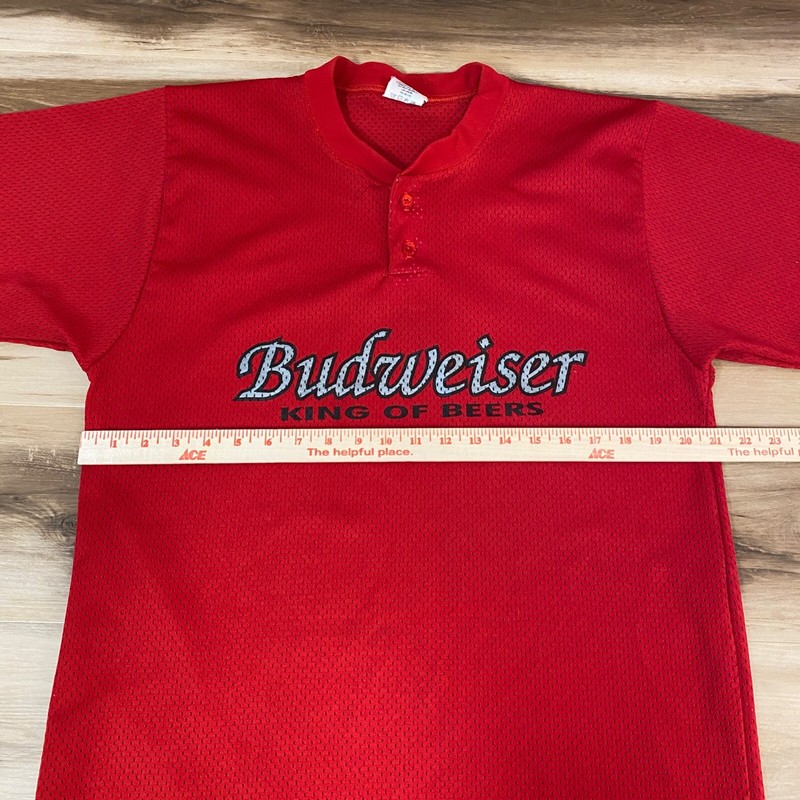 Vintage Budweiser Baseball Jersey Mens Large Red Henley Shirt USA Beer gallery