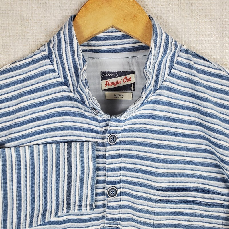 JOHNNIE O Size Medium Mens 1/4 Button Cotton Pullover Lightweight Blue Stripe gallery