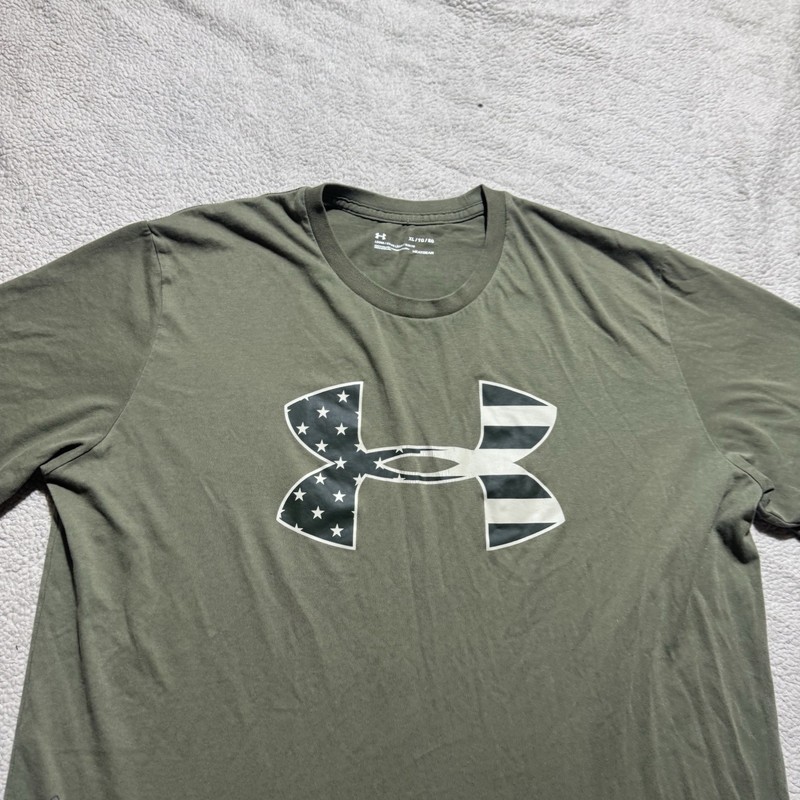 Under Armour Shirt Mens XL Loose Fit Army Green American Flag Logo HeatGear Crew gallery