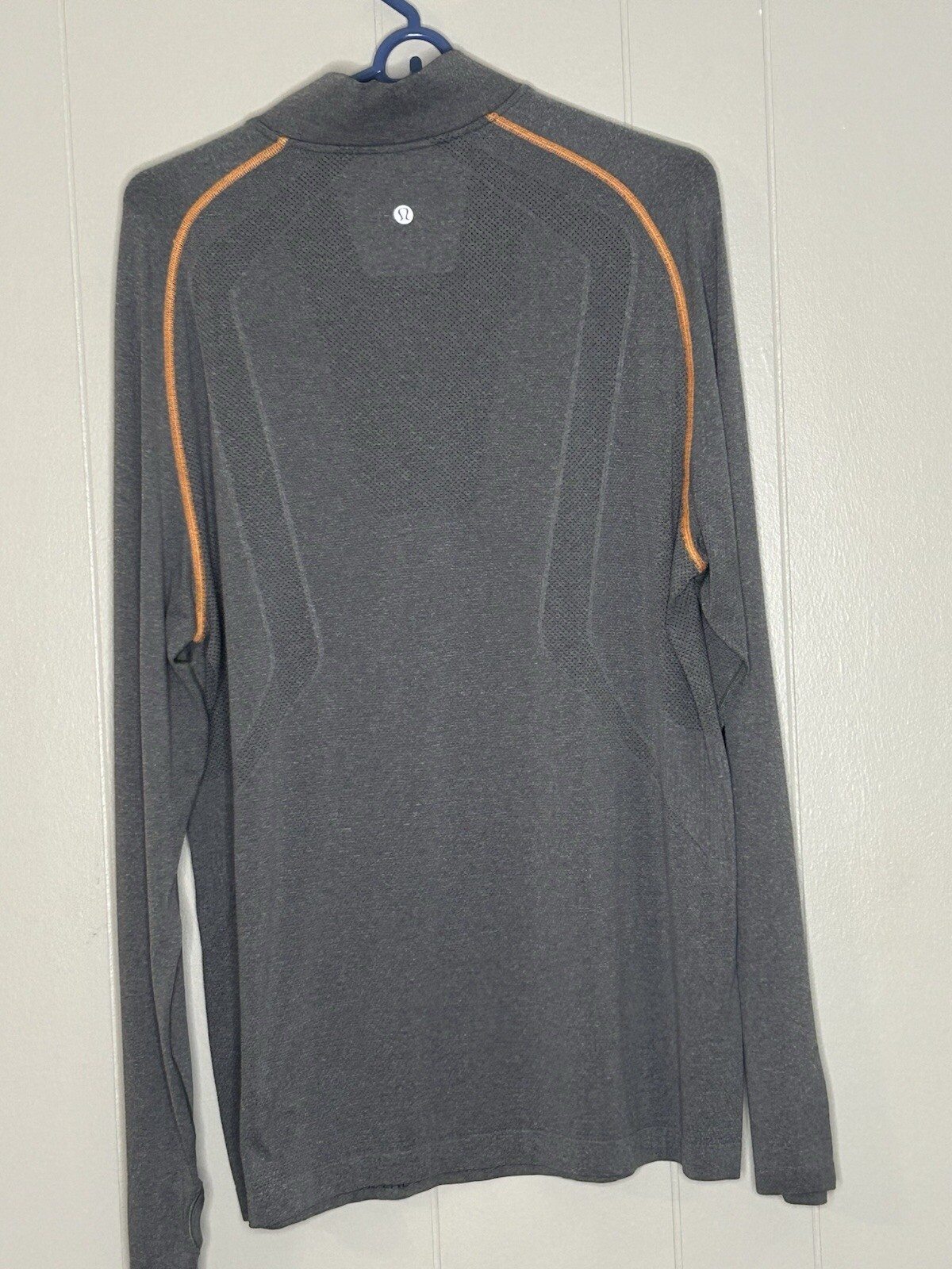 Men’s Gray Long Sleeve Lululemon Athletic Shirt with orange accents and zipper. gallery