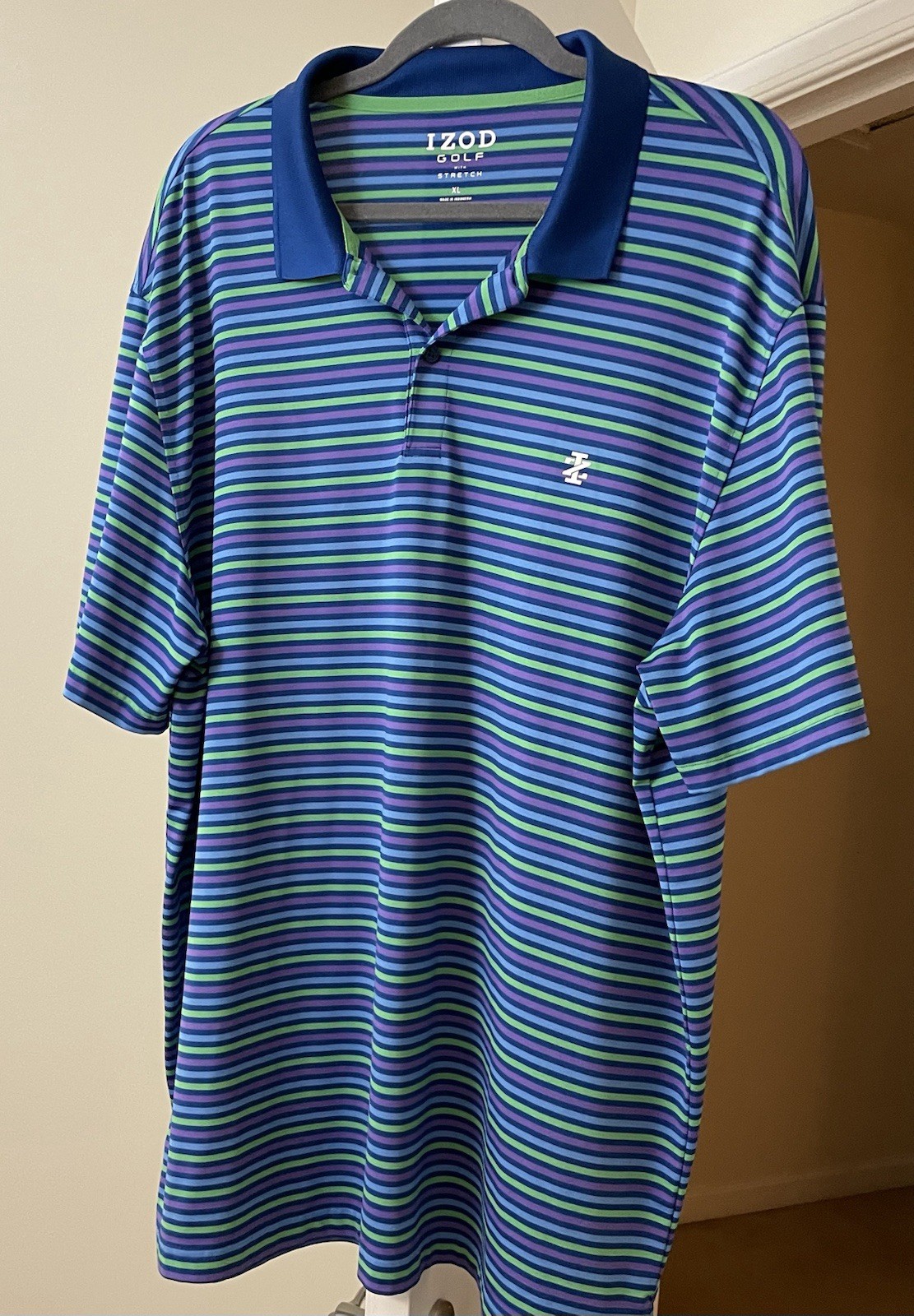 IZOD Golf Shirt Blue Striped Short Sleeve Athletic Collared Pullover Men's XL gallery