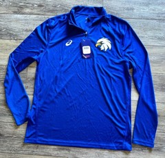 Asics Mens Pullover Large Blue White Shirt Quarter Zip Mock Neck Sports Eagle