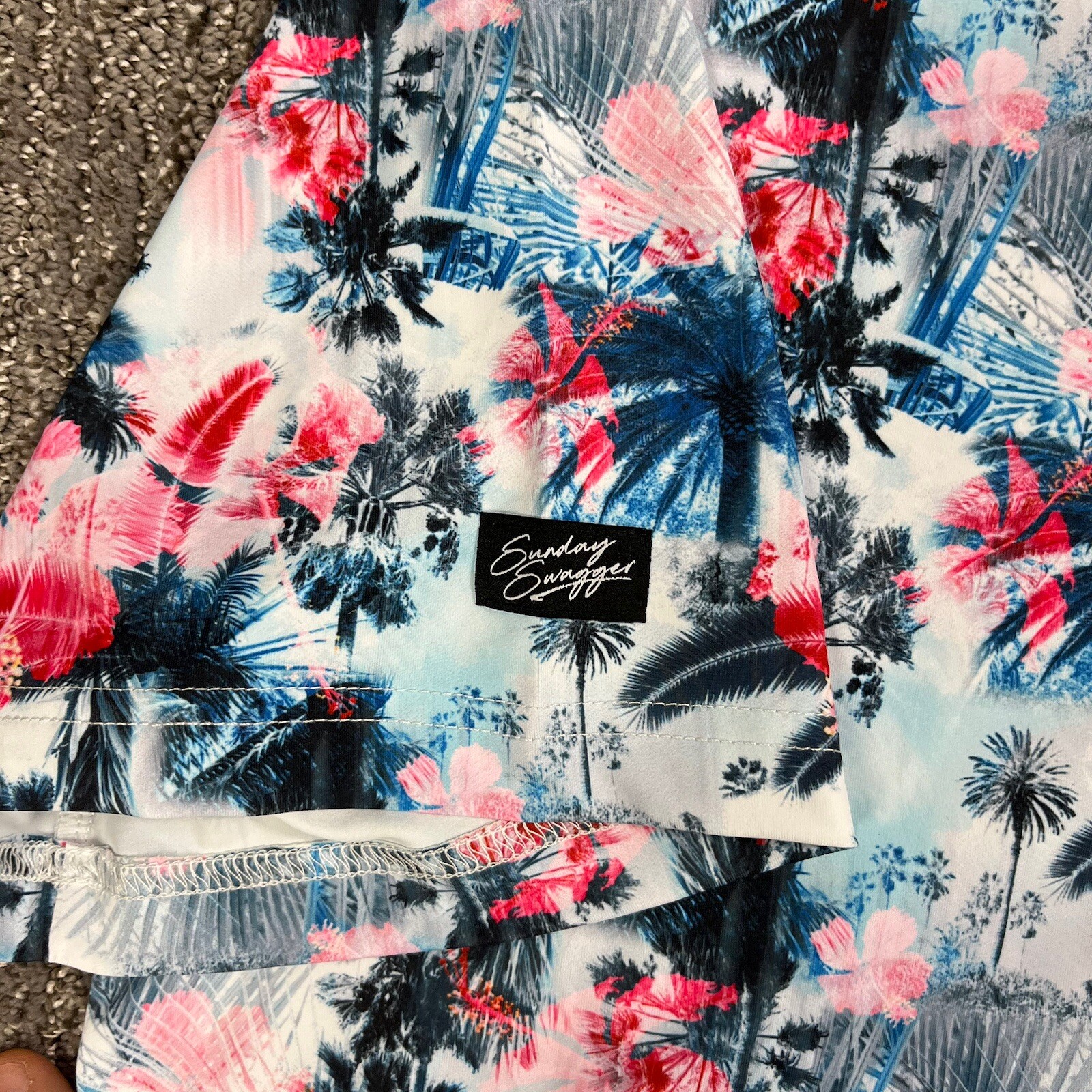 SUNDAY SWAGGER Blue Pink Palmera Palm Tree Polo Golf Shirt 2XL Rare UPF 40 gallery