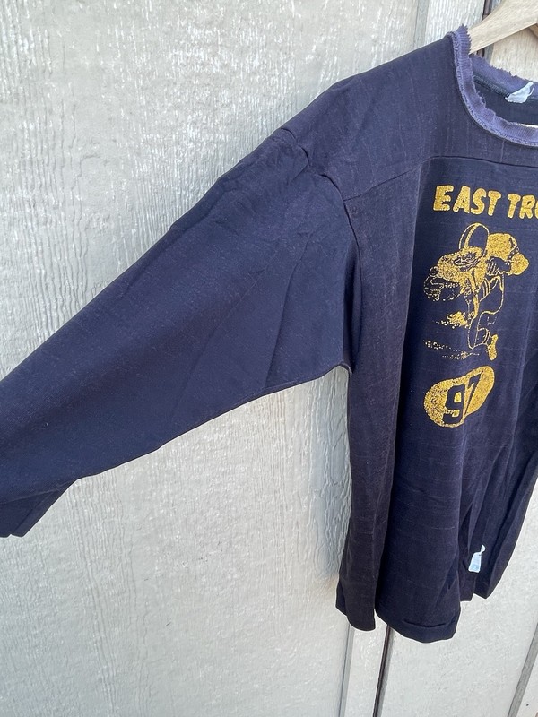 Vintage 70s Champion Thrashed Football Jersey Rayon Size Large Black East Troy gallery