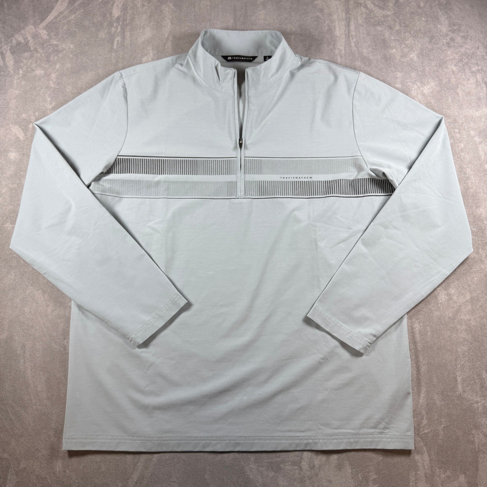 TravisMathew Mens XL 1/4 Zip Pullover Golf Shirt Light Blue Gray Stripe gallery