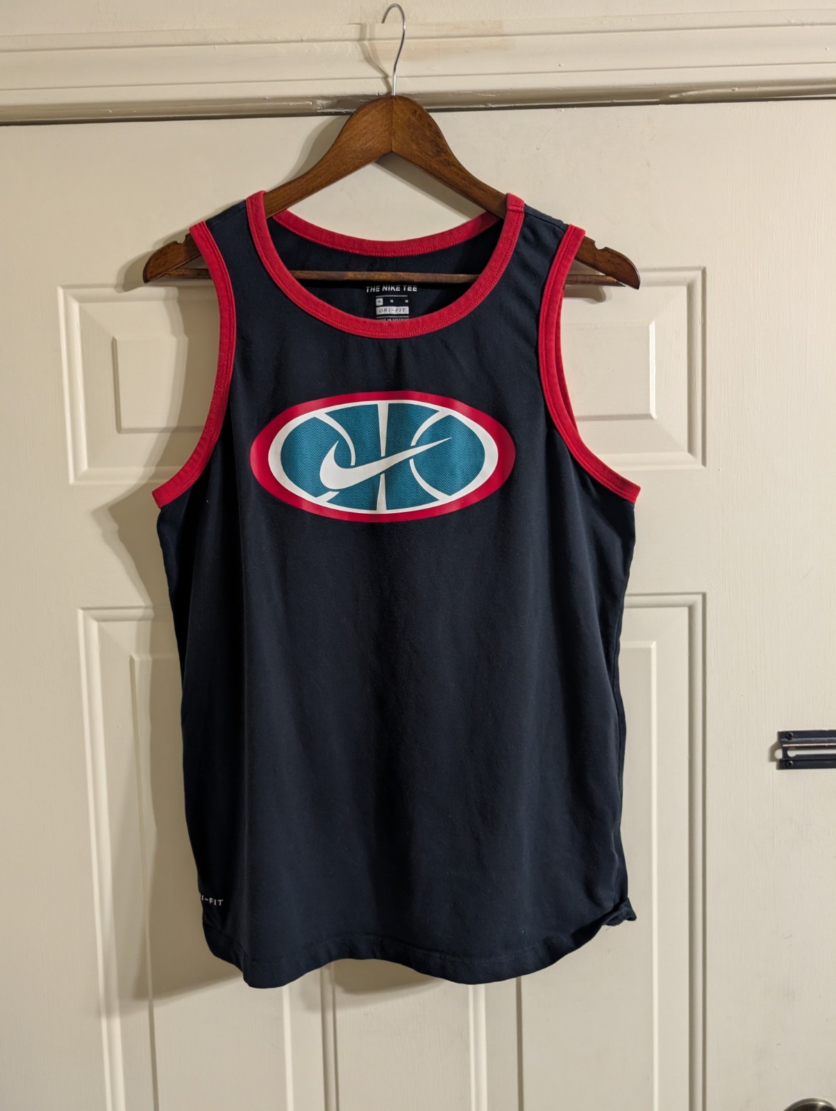 Nike Men's Dri-Fit Ringer Training Tank Top Midnight Blue and Volt Red Medium. gallery