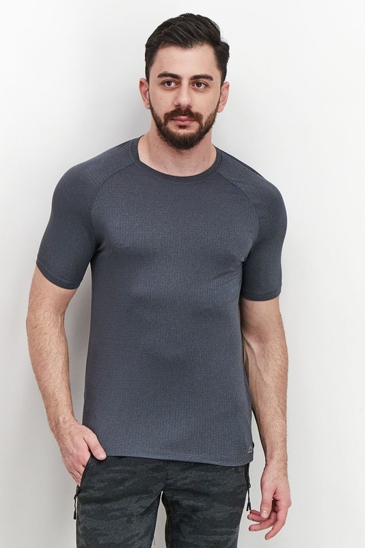 Men Sports Fit Short Sleeve Workout Gym T-shirt Charcoal Heather Crew Neck Large gallery