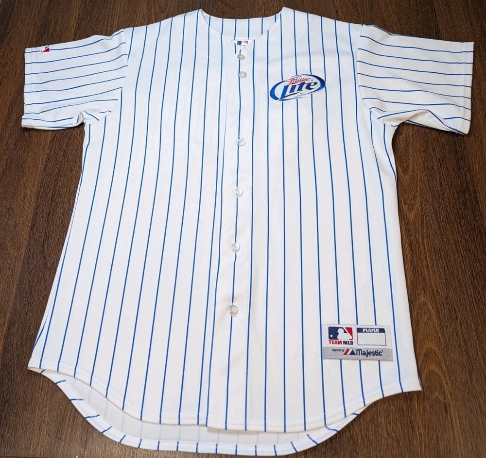 Vintage 90s Majestic Miller Lite Baseball Jersey Shirt Mens M White Pinstripes