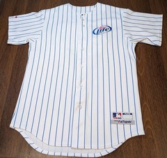 Vintage 90s Majestic Miller Lite Baseball Jersey Shirt Mens M White Pinstripes