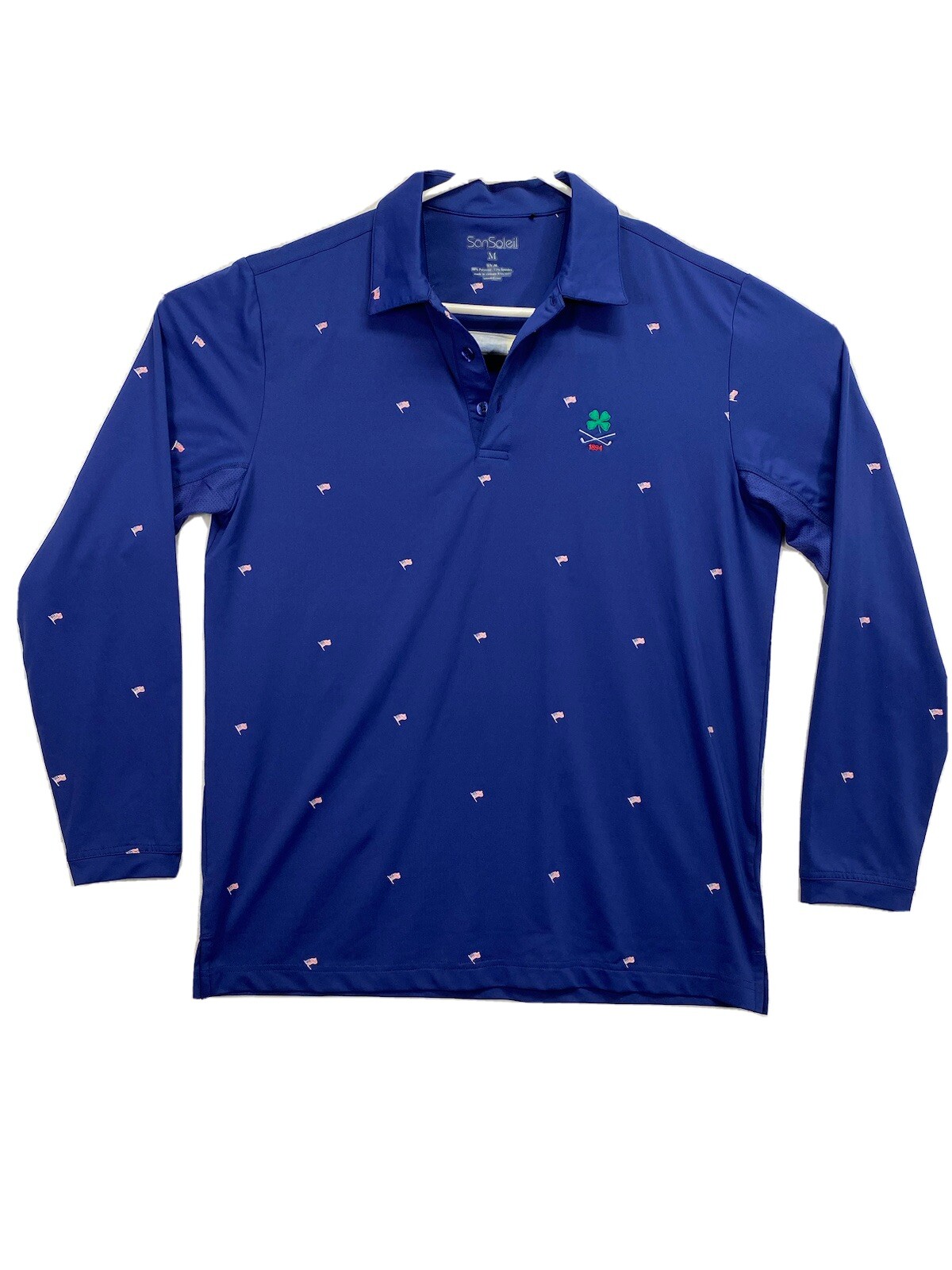 San Soleil Men's M Navy Long Sleeve Vented UV50 Polo Shirt Shamrock 1894 US Flag gallery