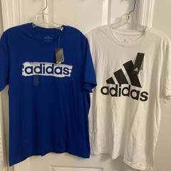 2 ADIDAS (AMPLIFIER) MENS CLASSIC LOGO T Shirts NWT Size Large White & Blue