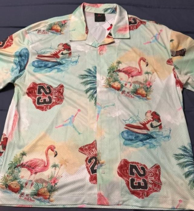 Jordan Essentials Mesh Camp Shirt Mens L Sail Flamingo All Over Print MUST SEE!! gallery