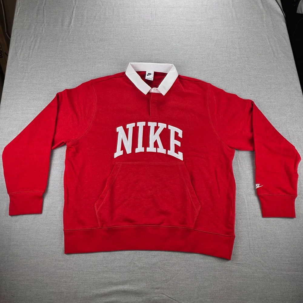 Nike Club Fleece Long Sleeve Polo Rugby Shirt Mens Size XL Red FN3112-657 NWT