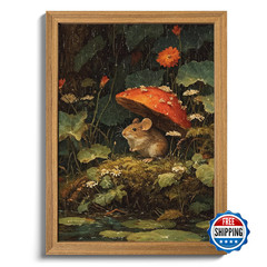 Framed Vintage Mushroom Mouse Wall Art, Woodland Cottagecore Wall Decor, 3D Text