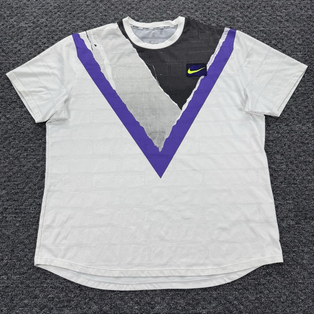 Nike Court Shirt Men XL White Purple NY Challenger Crew Tennis Dri Fit AT4235