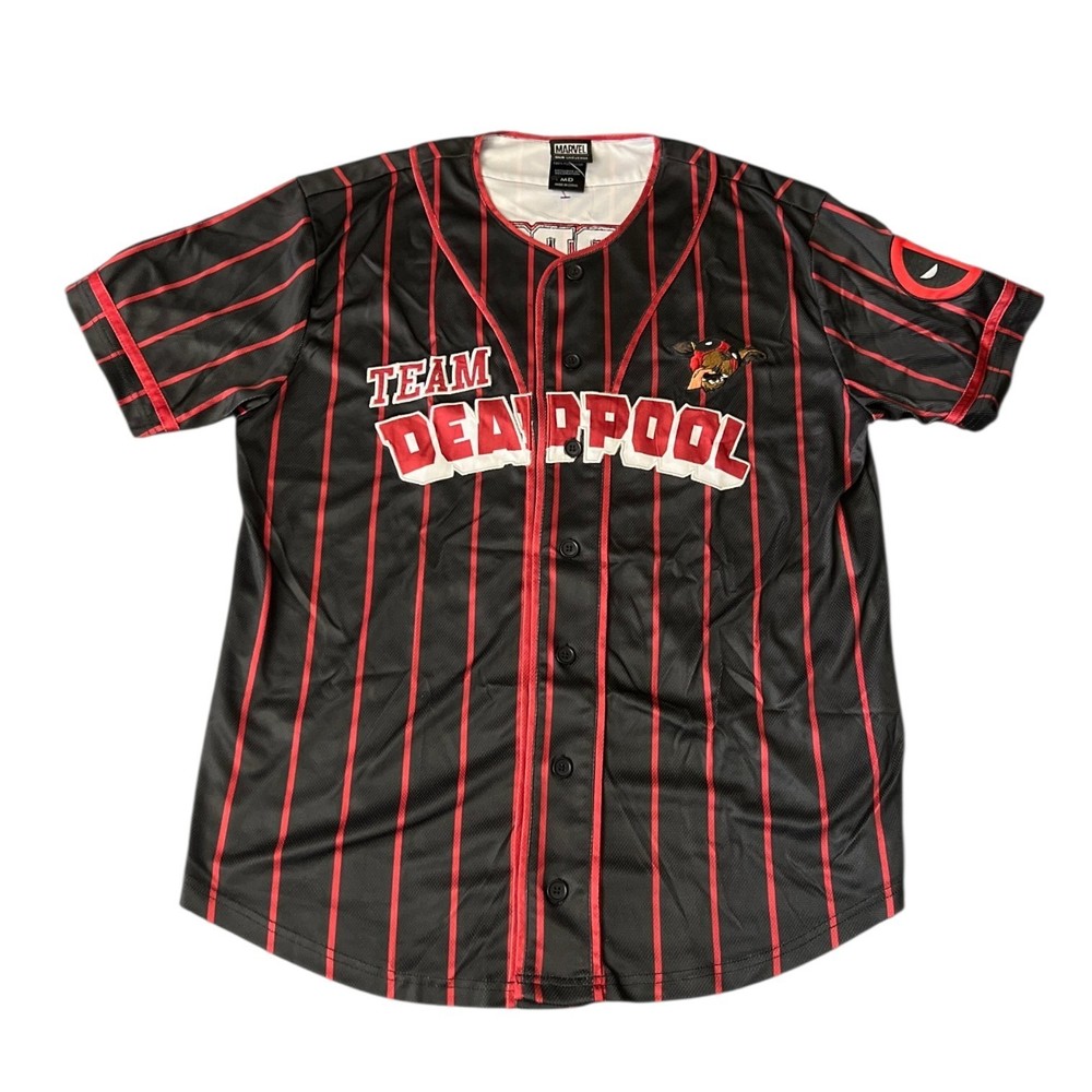 Marvel Disney Team Deadpool Black And Red Embroidered Jersey Men's Size Medium