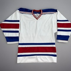 Vintage Athletic Sewing Mens S Knit Hockey Jersey White Red Blue Striped V Neck