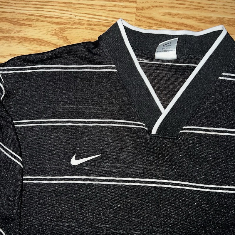 Vtg 90s Mens Nike Embroidered Swoosh Striped Black Soccer Style Jersey Size XL gallery