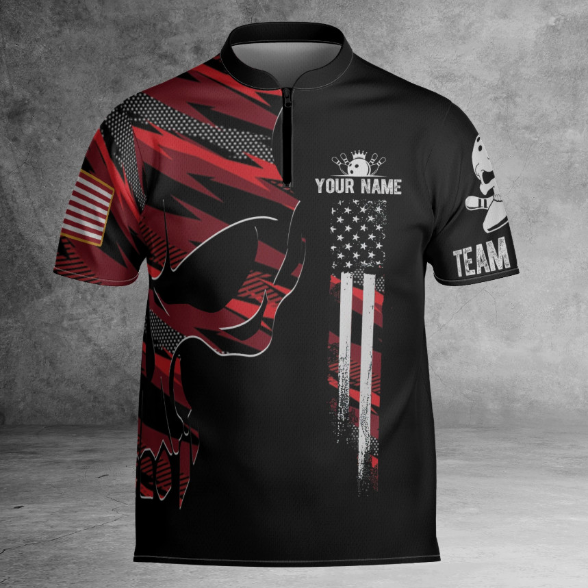 Skull Red Camouflage Bowling Jersey for Men Custom USA Flag Zip Shirt For Team gallery