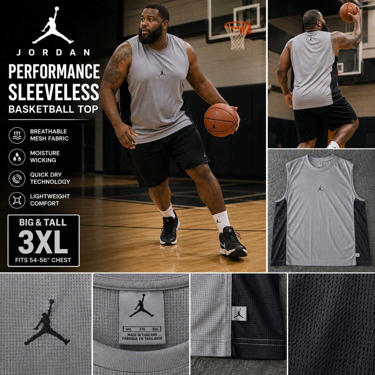 Jordan Mens Performance Sleeveless Basketball Top Grey Black 3XL Big and Tall gallery