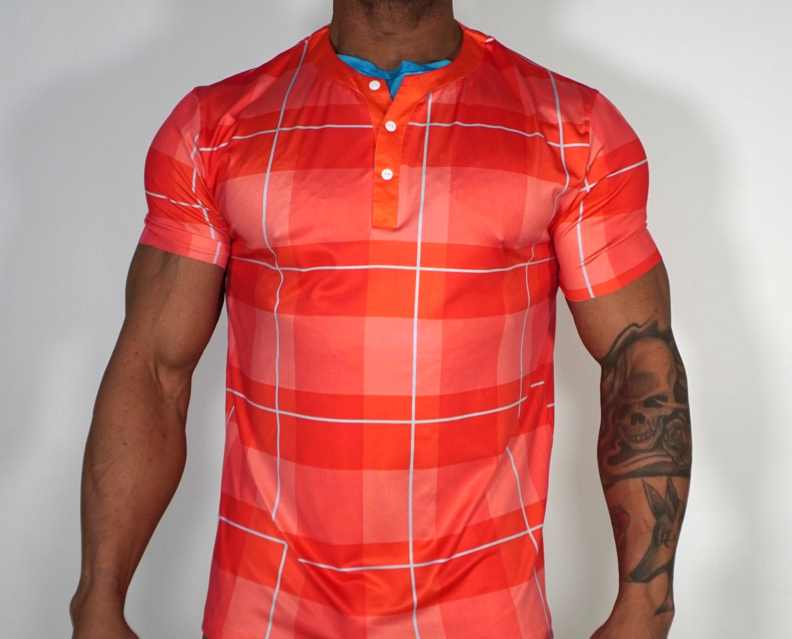ORANGE SHORT SLEEVE HENLEY SHIRT WITH BLUE BUILT IN SIZE LARG gallery