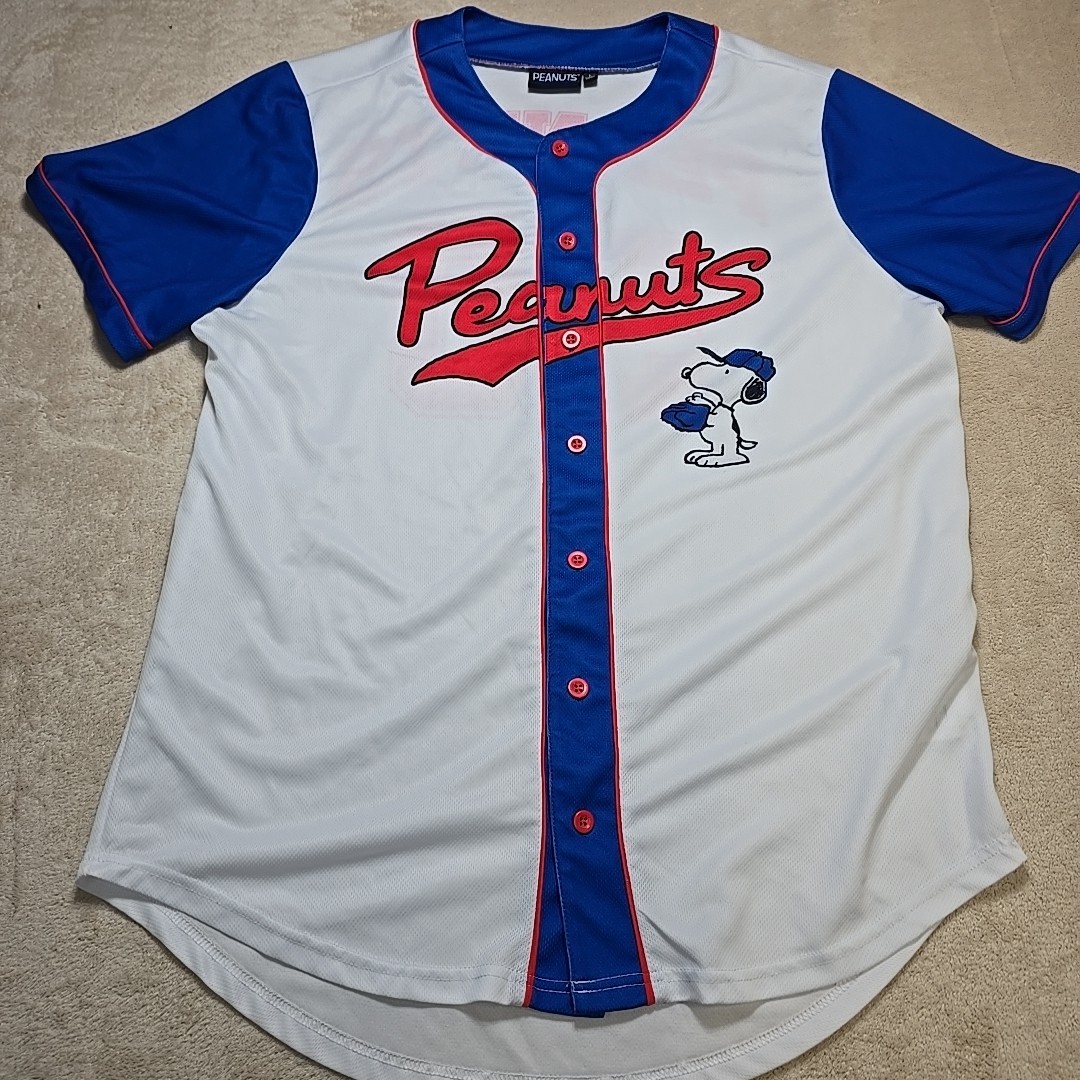 Peanuts Snoopy Baseball Jersey Large White Blue Button Front Short Sleeve gallery