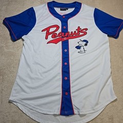 Peanuts Snoopy Baseball Jersey Large White Blue Button Front Short Sleeve