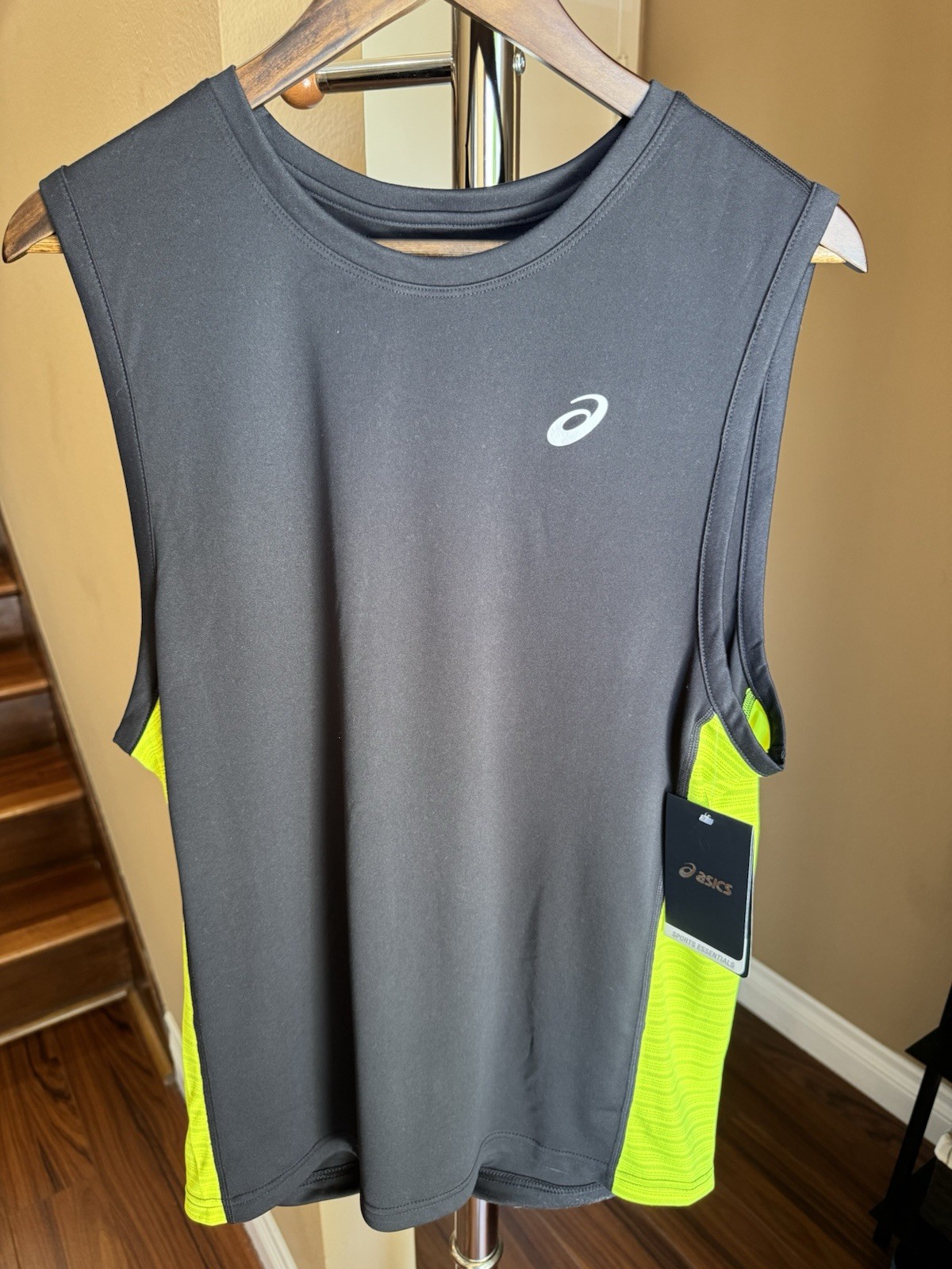 NWT ASICS Men’s Small Sleeveless Running Shirt Gray Neon Yellow Athletic Tank gallery