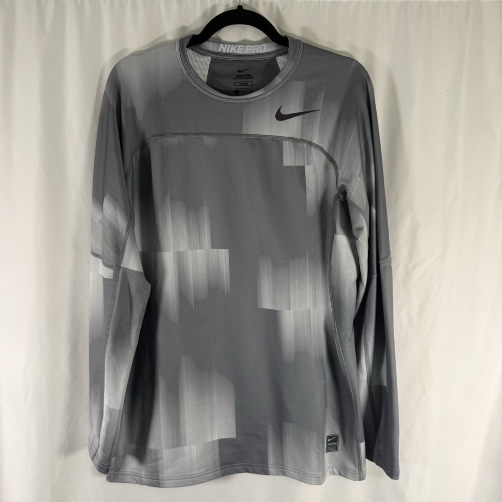 Nike Pro Hyperwarm Fitted Shirt Men's Large Grey Long Sleeve Fleece Lined