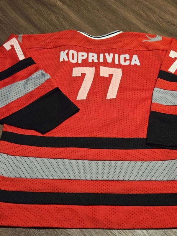 Kansas City Blades Red Hockey Jersey with Black & Gray Stripes... Large gallery
