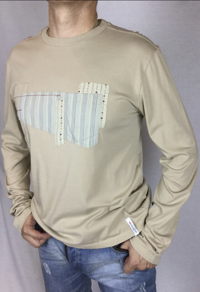 Incredible Produx Designer's Top beige crew neck long sleeves light sand patches gallery