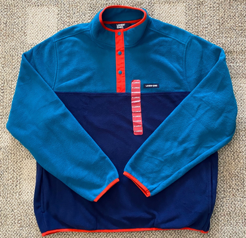 Lands' End Fleece Pullover Top Shirt Soft Stretch Teal Navy Orange Men's Size XL