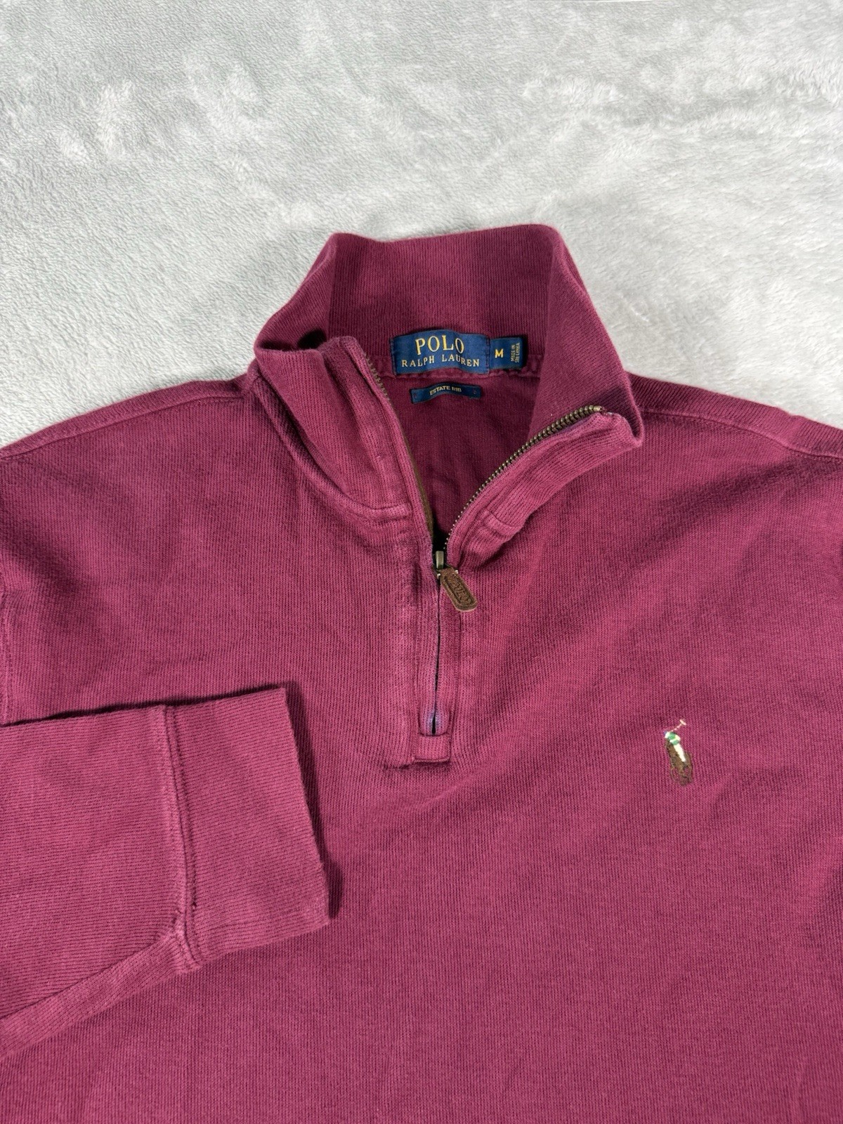 Polo Ralph Lauren Sweater Men’s Medium Burgundy 1/4 Zip Estate Rib Flesh Pony gallery