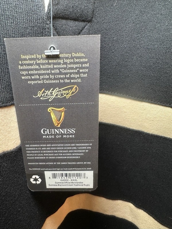 Guinness Traditional Irish Black & Cream Long Sleeve Rugby Jersey Shirt 3XL NWT gallery