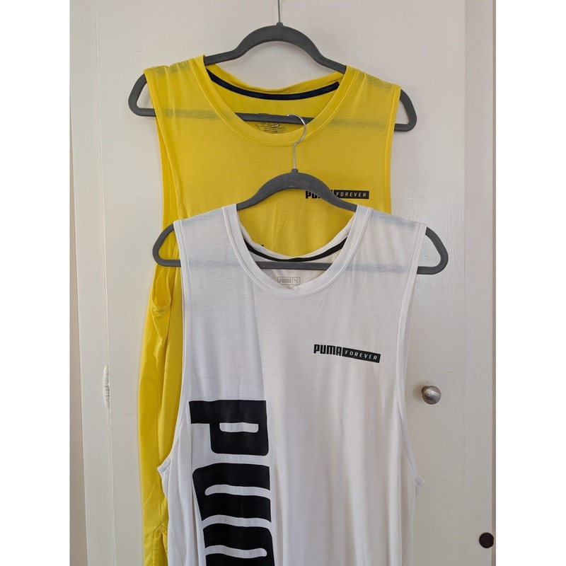 Puma Mens Workout Tank Top Bundle 2 Pack Yellow White Logo Gym Activewear Sport gallery