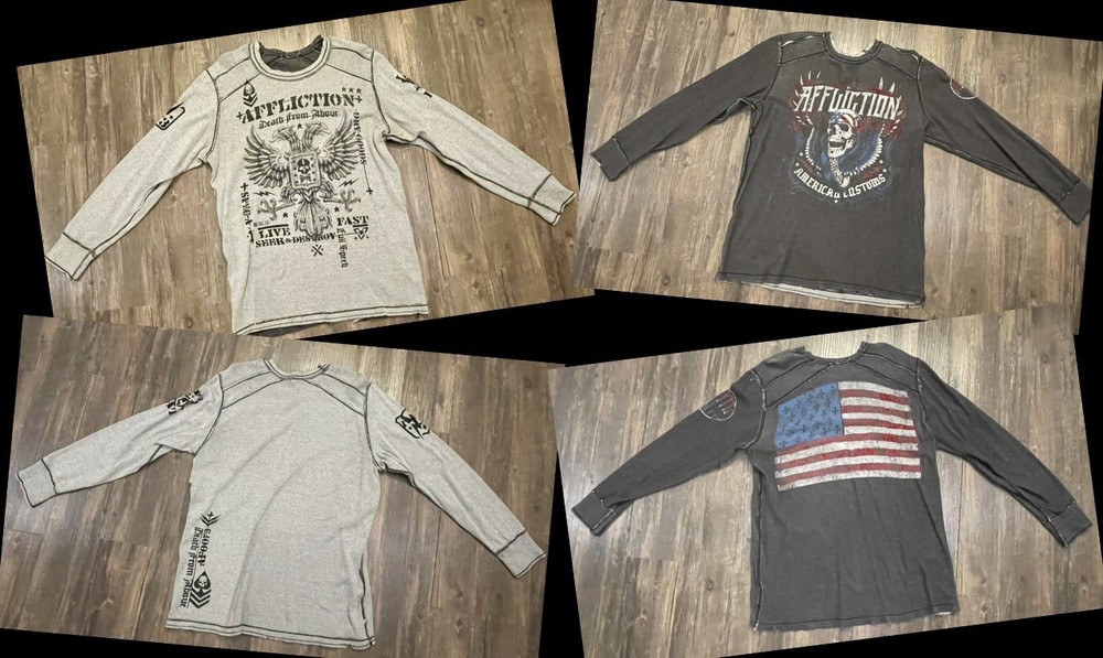Affliction Mens XL Reversible Long Sleeve Thermal Eagle / Skull / American Flag