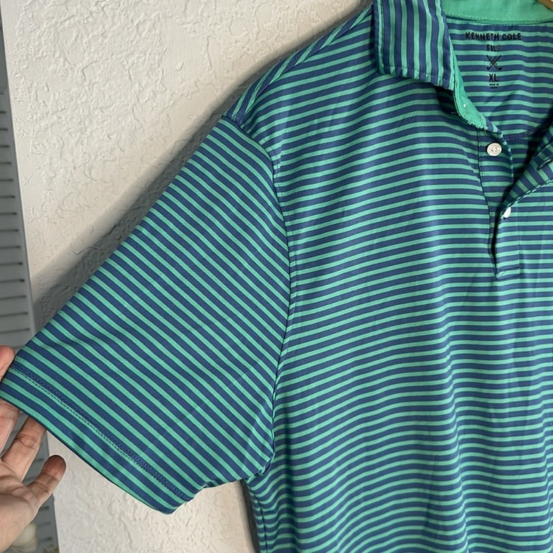 Kenneth Cole Golf Polo Shirt Green Blue Stripe Preppy Outdoor KC Logo Men's XL gallery