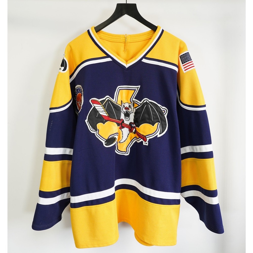 Vintage Austin Ice Bats Sewn AK Hockey Jersey Men's XL 2002-2003 Blue Yellow