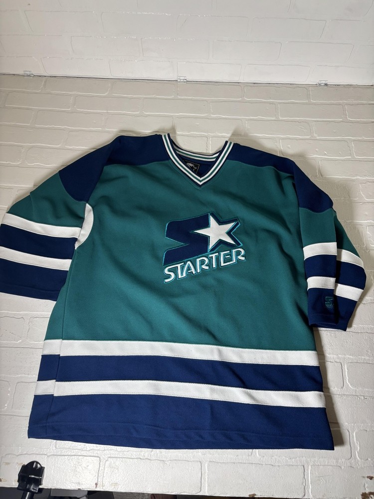 Vintage Starter Hockey Jersey Shirt Mens Large Green Blue Striped Logo 90s