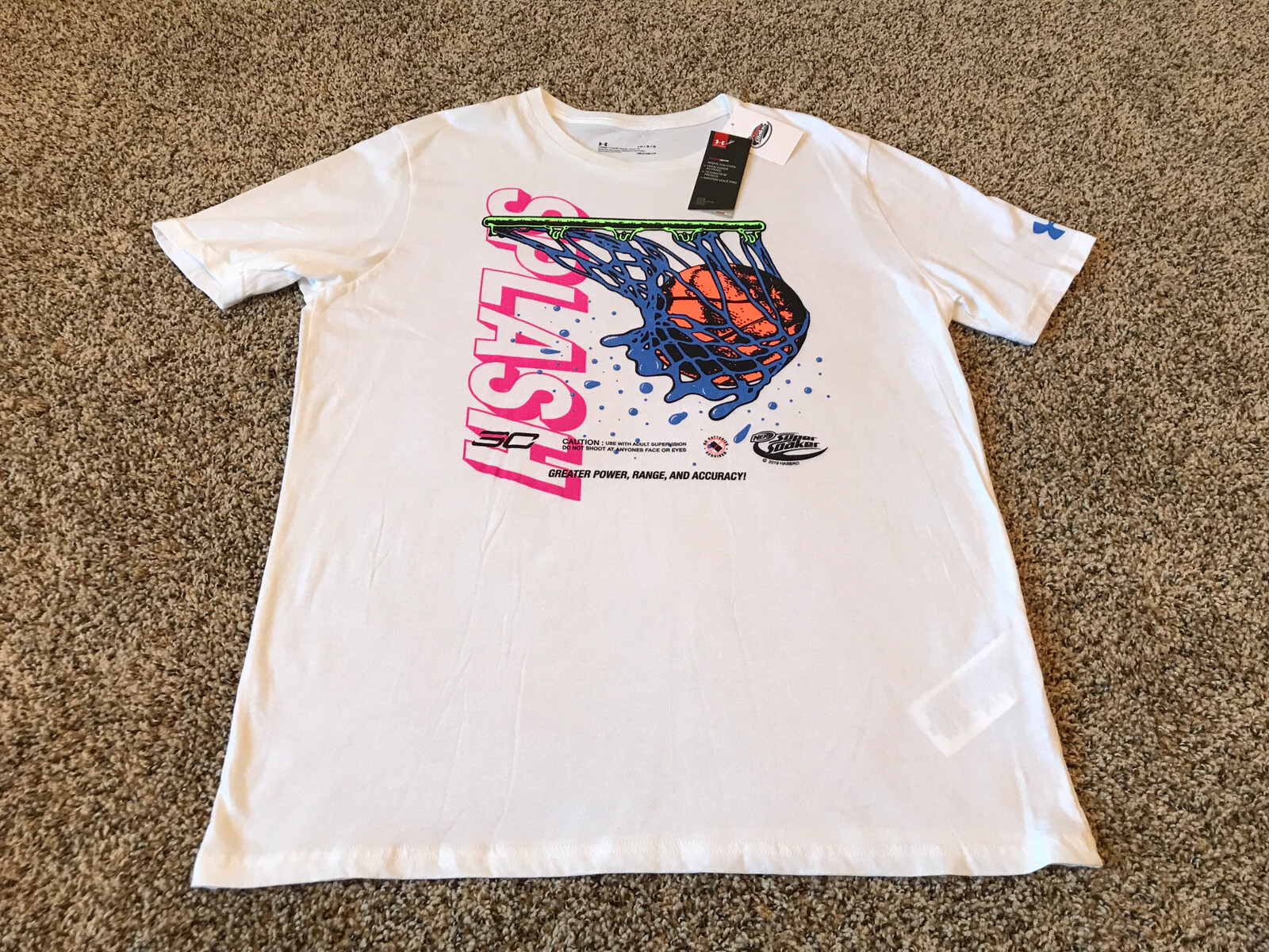 RARE Under Armour Stephen Curry 7 x Nerf Super Soaker White T Shirt Mens Size L gallery