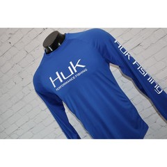 Huk Performance Fishing Mens Small Blue Long Sleeve Graphic Sun Shirt **