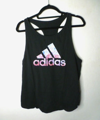 Adidas black logo racer back muscle shirt 40″ chest M L EUC