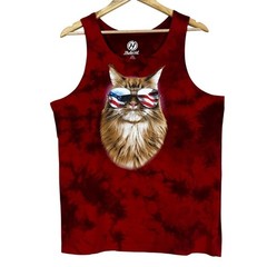 Hybrid Tees Sleeveless Tank Men’s XL Red Tie Dye American Flag Freedom Cat Retro