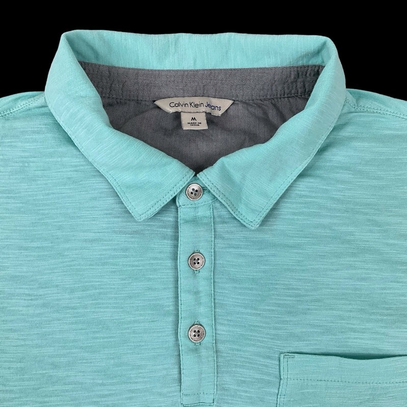 Calvin Klein Polo Shirt Men Medium Aqua Blue Short Sleeve Button EUC gallery
