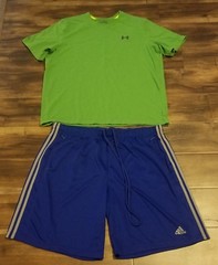 UNDER ARMOUR GREEN CHARGED SHORT SLEEVE SHIRT AND ADIDAS BLUE SHORTS 2XL MEN’S