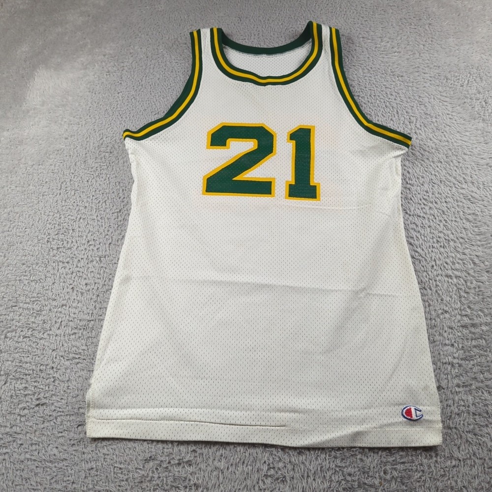 VTG 70s Champion Jersey Mens Large White Green Yellow Basketball USA Made #21